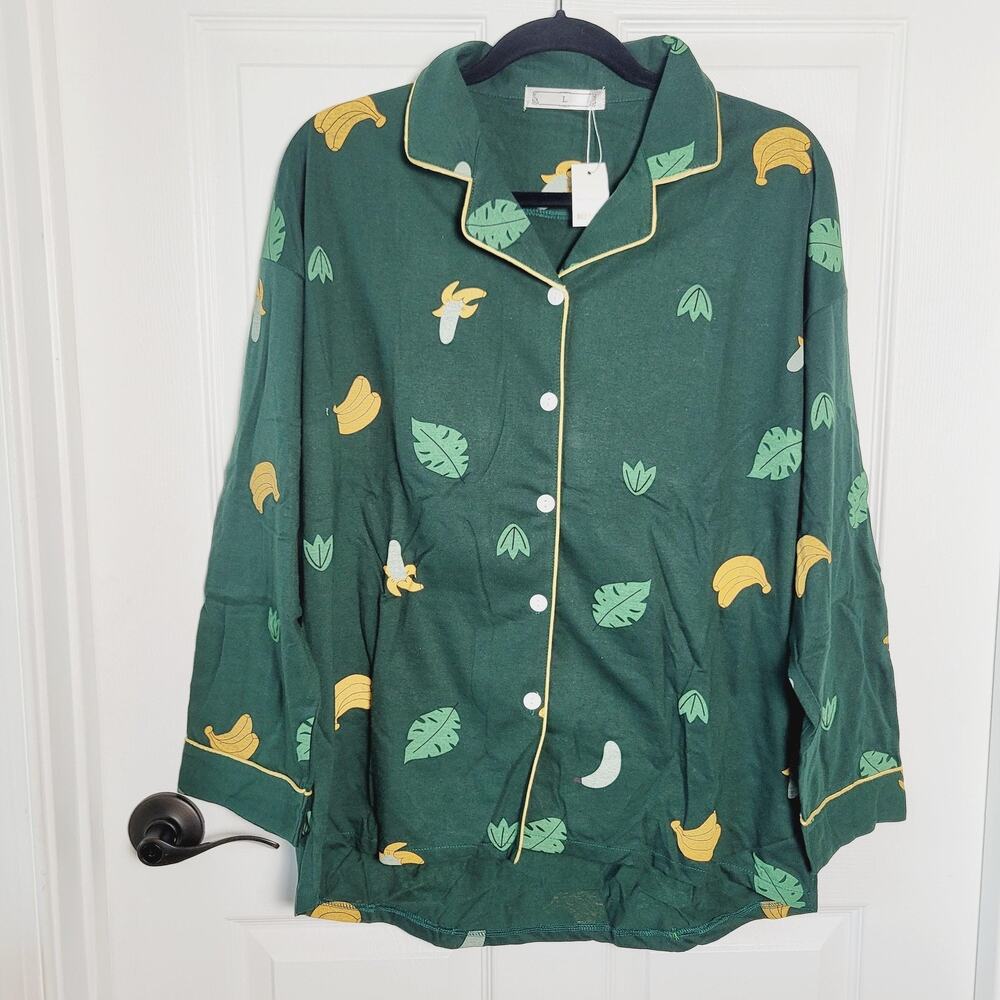 Banana Leaf Print Pajama Set Womens Large Green Button Top Pants Sleepwear New